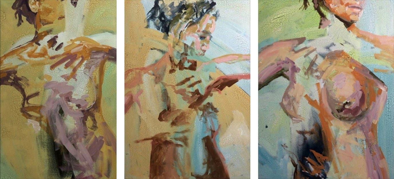 Tres detalls retallats de pintures figuratives d'Afshin Naghouni, en pinzellada solta d'ocres, roses i verds blavosos
