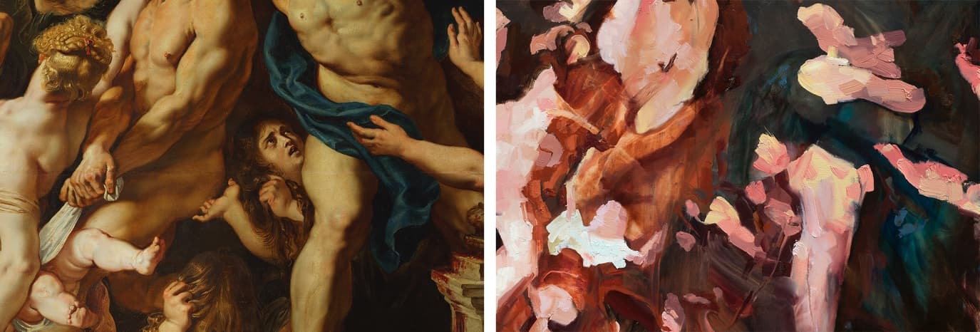 Un detall d'una pintura d'un gran mestre al costat de la reconstrucció abstracta que fa Afshin Naghouni del mateix passatge, amb tons de pell equivalents