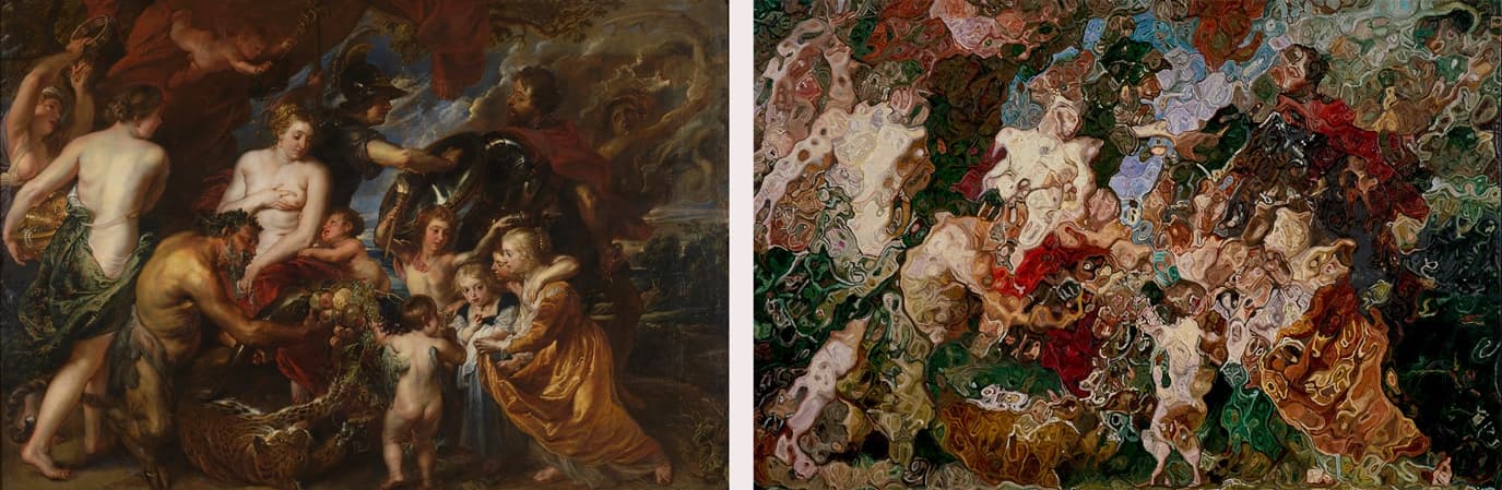 Una composició completa d'un gran mestre al costat de la reelaboració abstracta i fracturada que en fa Afshin Naghouni, amb una paleta equivalent
