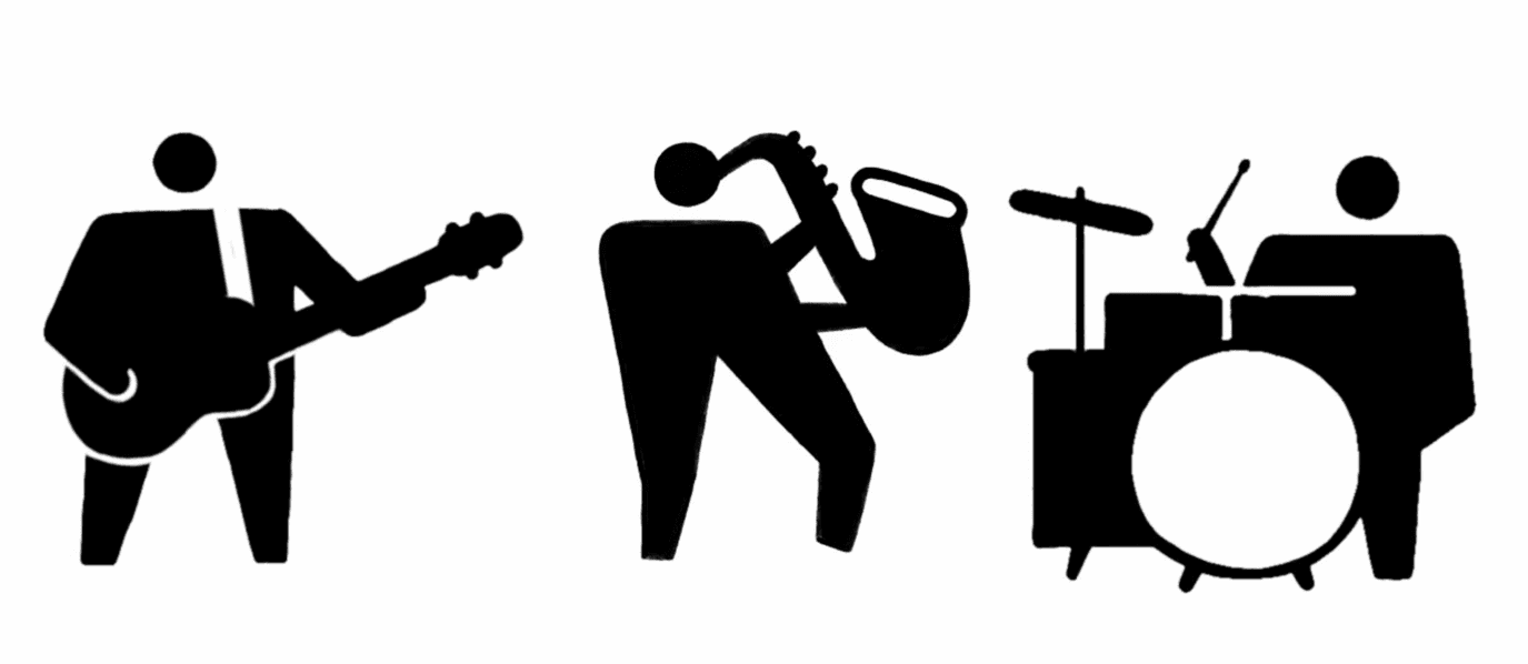 Illustrations of a guitarist, saxophonist and drummer
