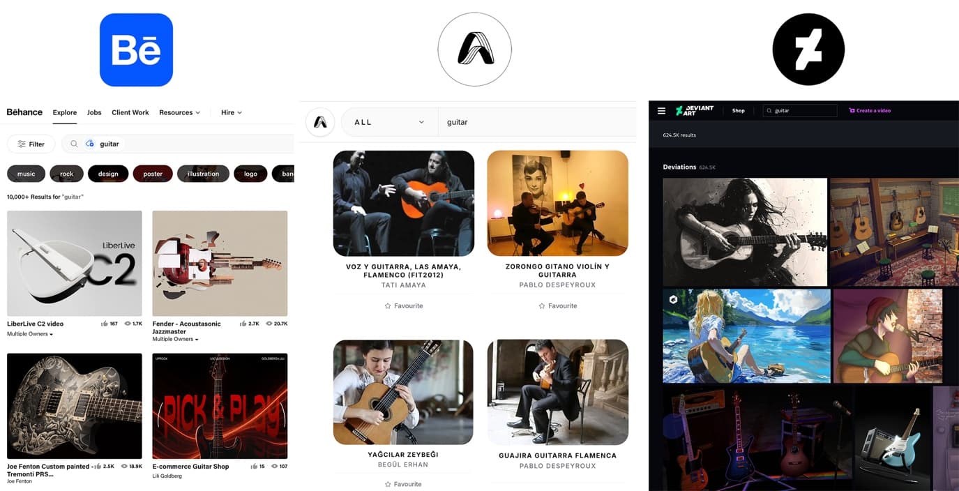 Cerca de «guitar» a Behance, Artistivo i DeviantArt, una al costat de l'altra: els resultats d'Artistivo mostren guitarristes i les seves actuacions, els altres mostren imatges de guitarres i productes