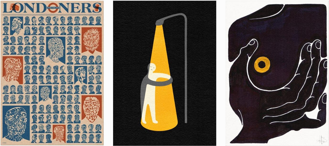 Drei Illustrationen von Henrik Delehag nebeneinander — ein Londoners-Plakat voller Hunderter winziger gezeichneter Köpfe, eine Figur, die den gelben Lichtkegel einer Straßenlaterne umarmt, und dunkle, hohle Hände, die einen einzelnen goldenen Ring halten