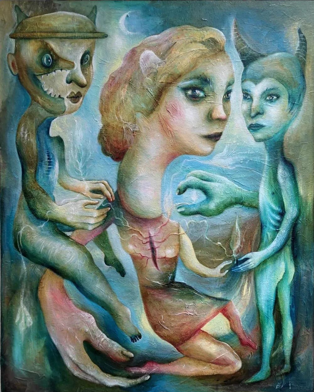 The Conversation Between Past, Present, and Future — Brostean im Zentrum als Gegenwart, flankiert von ihrer Vergangenheit und der Figur, die ihre Zukunft verkörpert