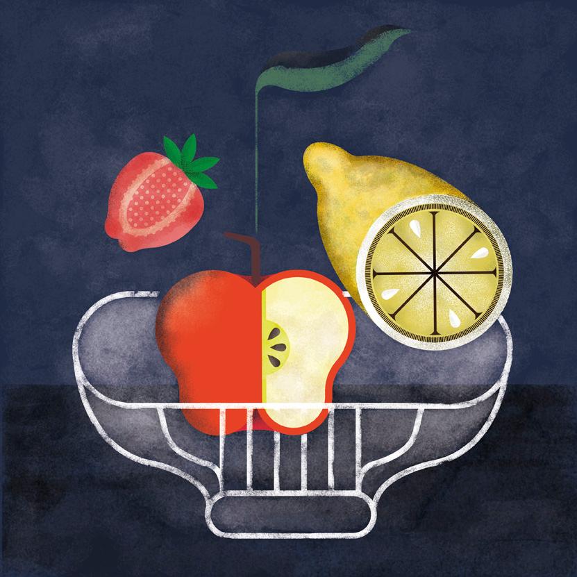 Apple, lemon and strawberry illustration