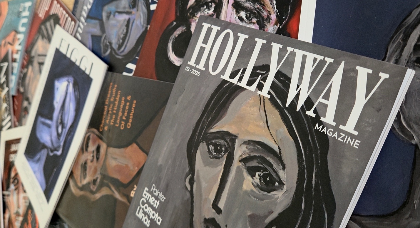 Magazines featuring Ernest Compta Llinàs's expressive portrait paintings on their covers, fanned across a table