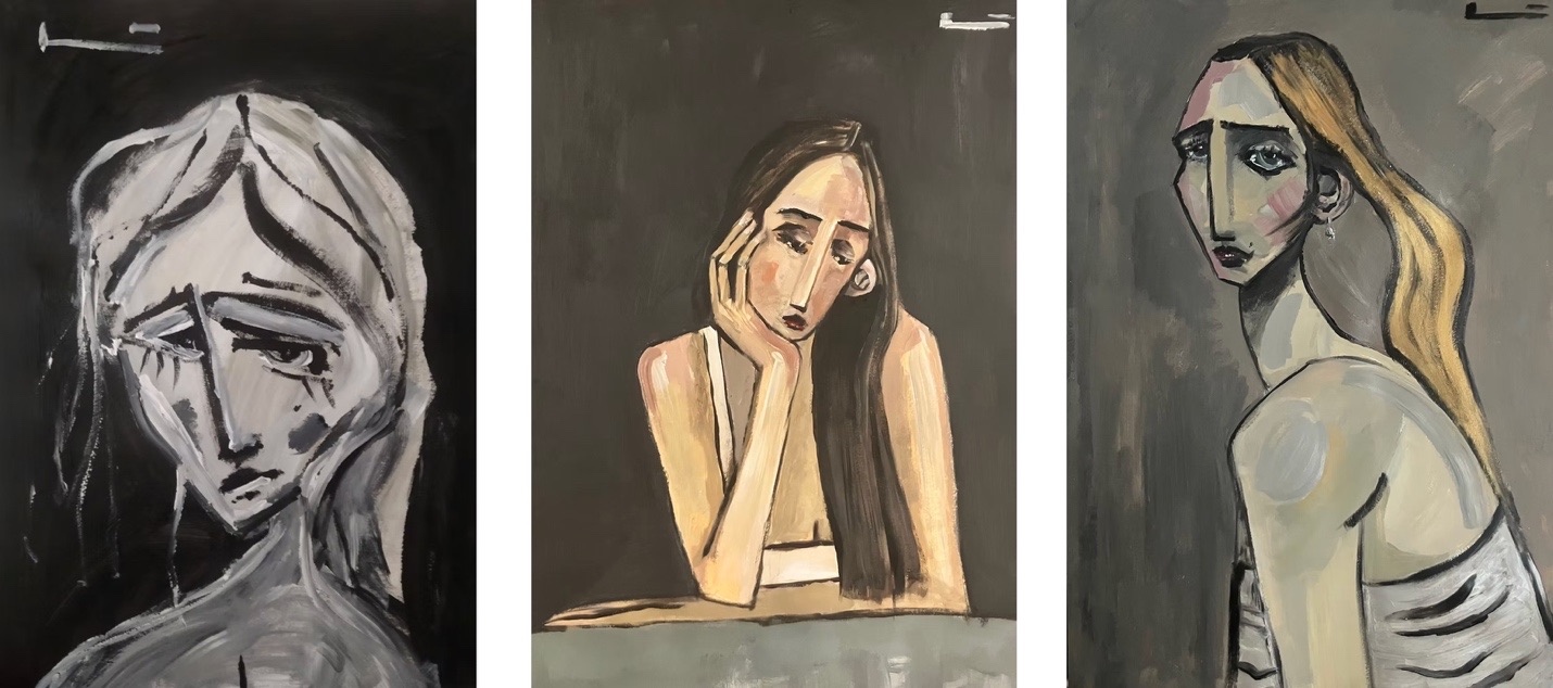 Three of Ernest Compta Llinàs's imaginary female portraits — elongated, melancholic faces rendered in muted tones