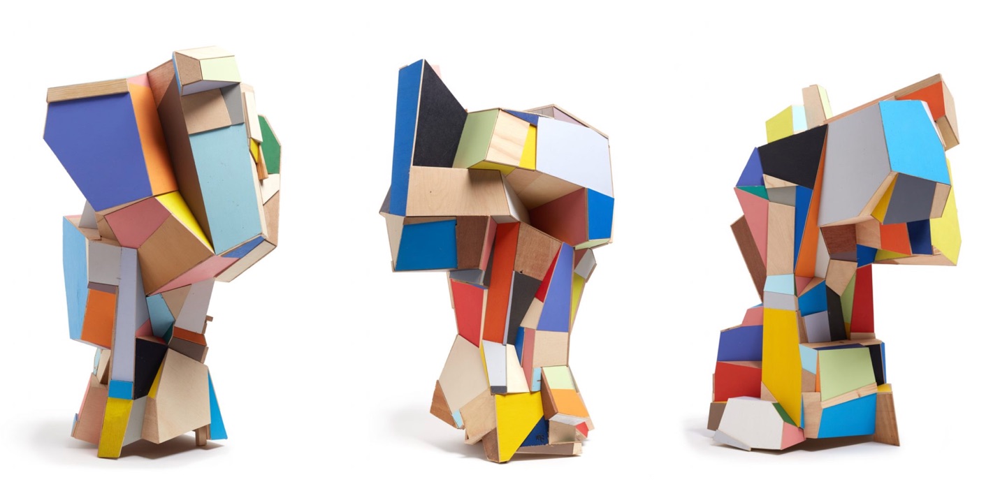 Three views of one of Marc Sparfel's abstract sculptures — faceted planes of raw and painted wood assembled into an architectonic, animal-like form